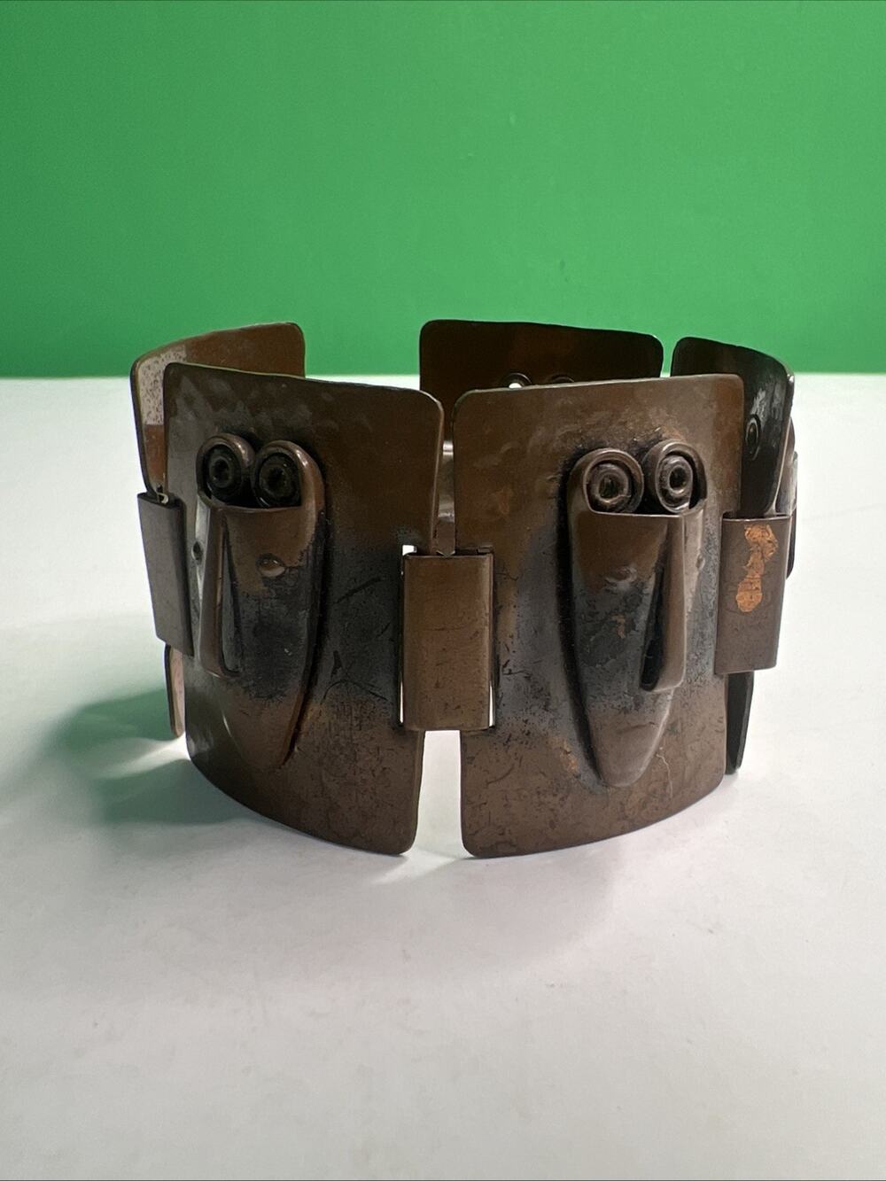 Rebajes Signed Vintage Tribal Masks Copper Bracelet 1950s Brazilian